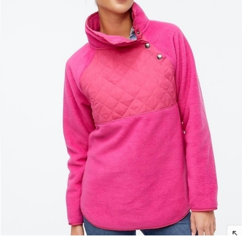 J. Crew barbie Hot Pink Quilted Button Neck Fleece Pullover Sweater Size XL